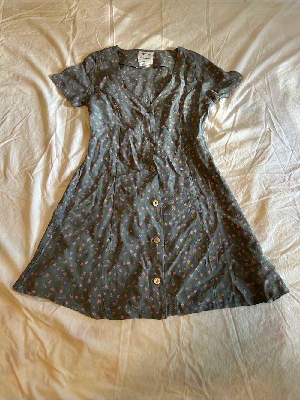 RVCA Blueish Olive Green Mini Floral Button-Down Dress